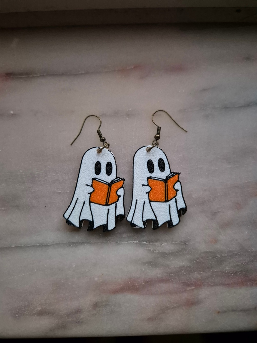 Ghost Reading Orange Book Earrings - White Ghost Novelty Earrings
